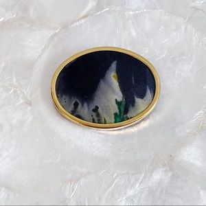 Gold Tone Oval Silkscreen Lifeline for Old Brooch